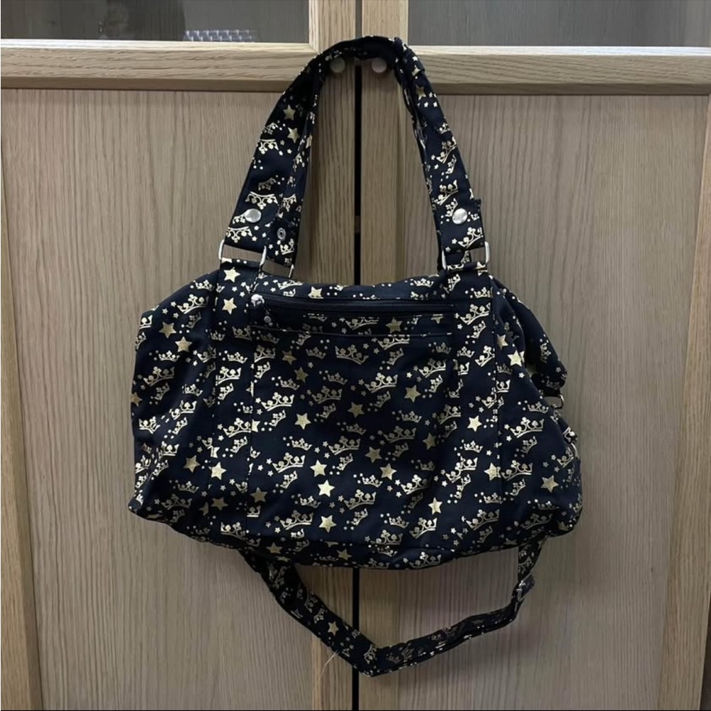 Stylish Japanese Black & Gold Foil Crown Patterned Women's Duffle Crossbody Bag
